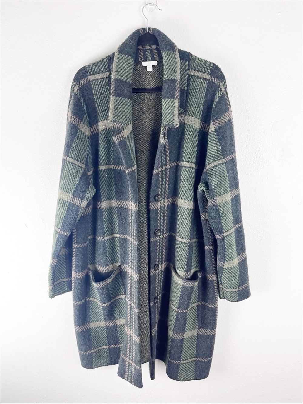 J. JILL Wool Blend Plaid Pockets Button Front Trench Coat Size XL Winter Cozy
